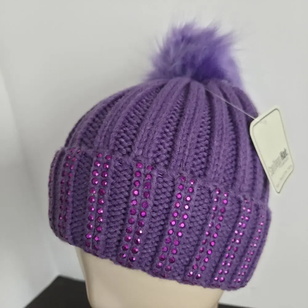 Kids Jeweled Beanie with Faux Fur Pom Ribbed San Diego Hat Co Age 5 - 7 Purple